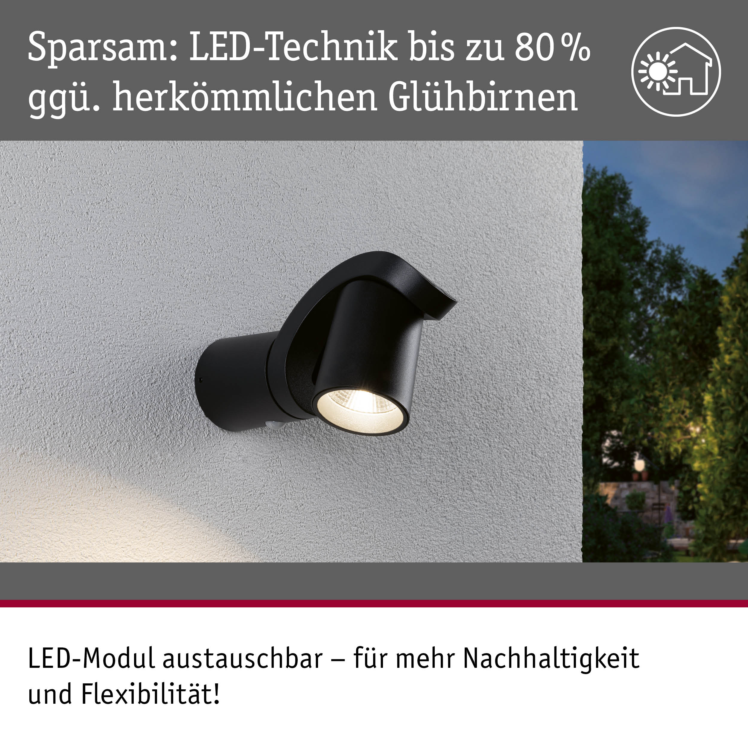 Schwarze LED-Außenwandleuchte mit austauschbarem Modul an weißer Wand für energiesparende Außenbeleuchtung