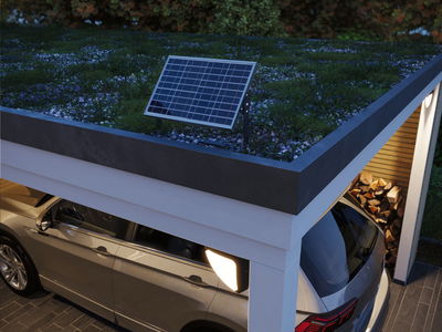 Zonne-energie buitenlamp met zwart frame op moderne carporthoek met groen dak en geparkeerde auto.