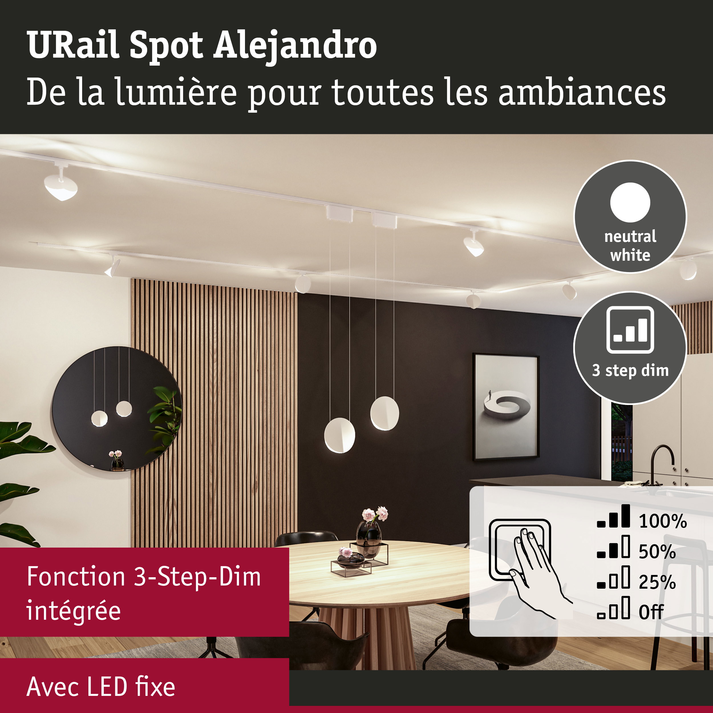 Spot URail Alejandro blanc avec fonction 3-Step-Dim intégrée et LED fixe pour ambiances variées