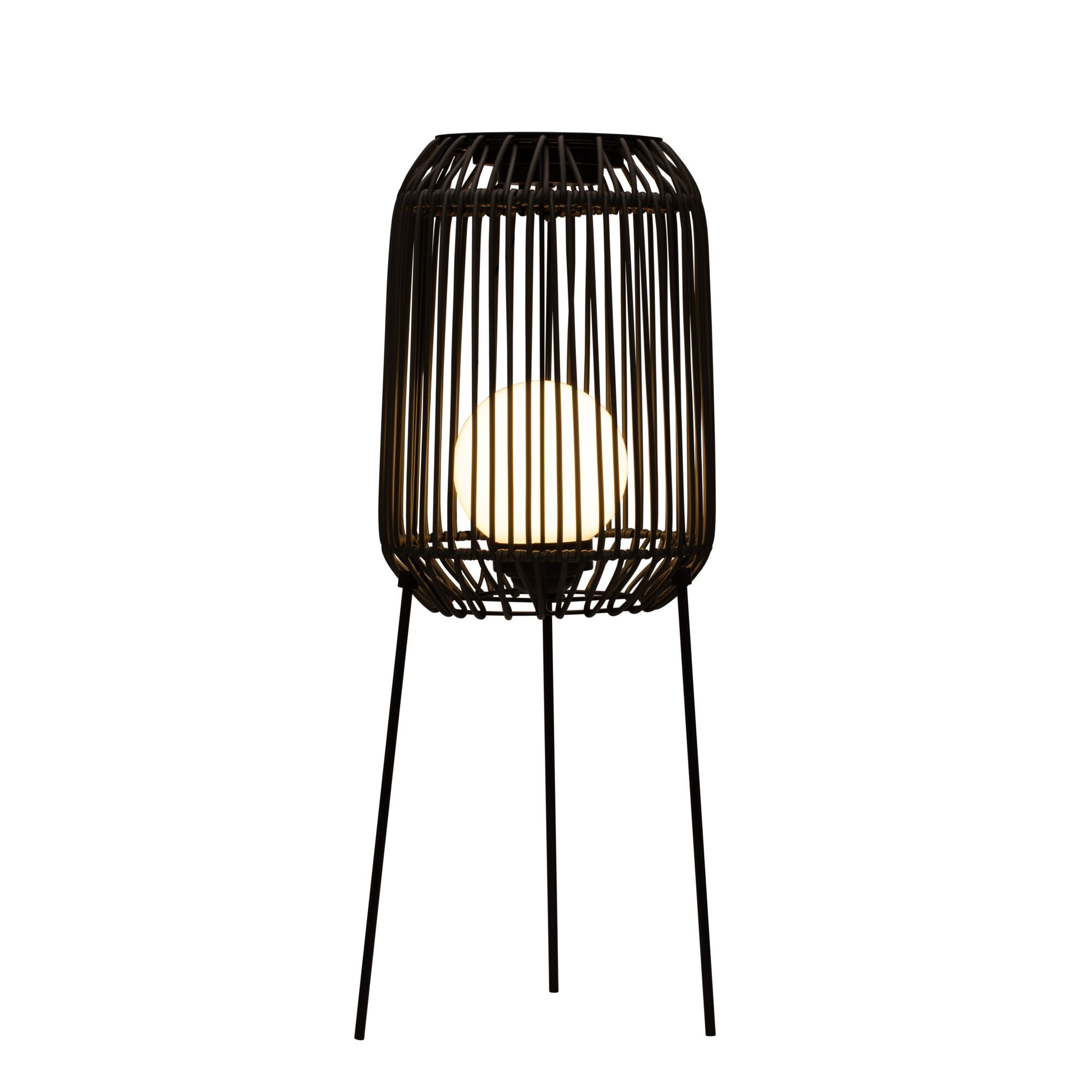 Standing lamp with black metal frame and round warm white LED bulb for indoor lighting