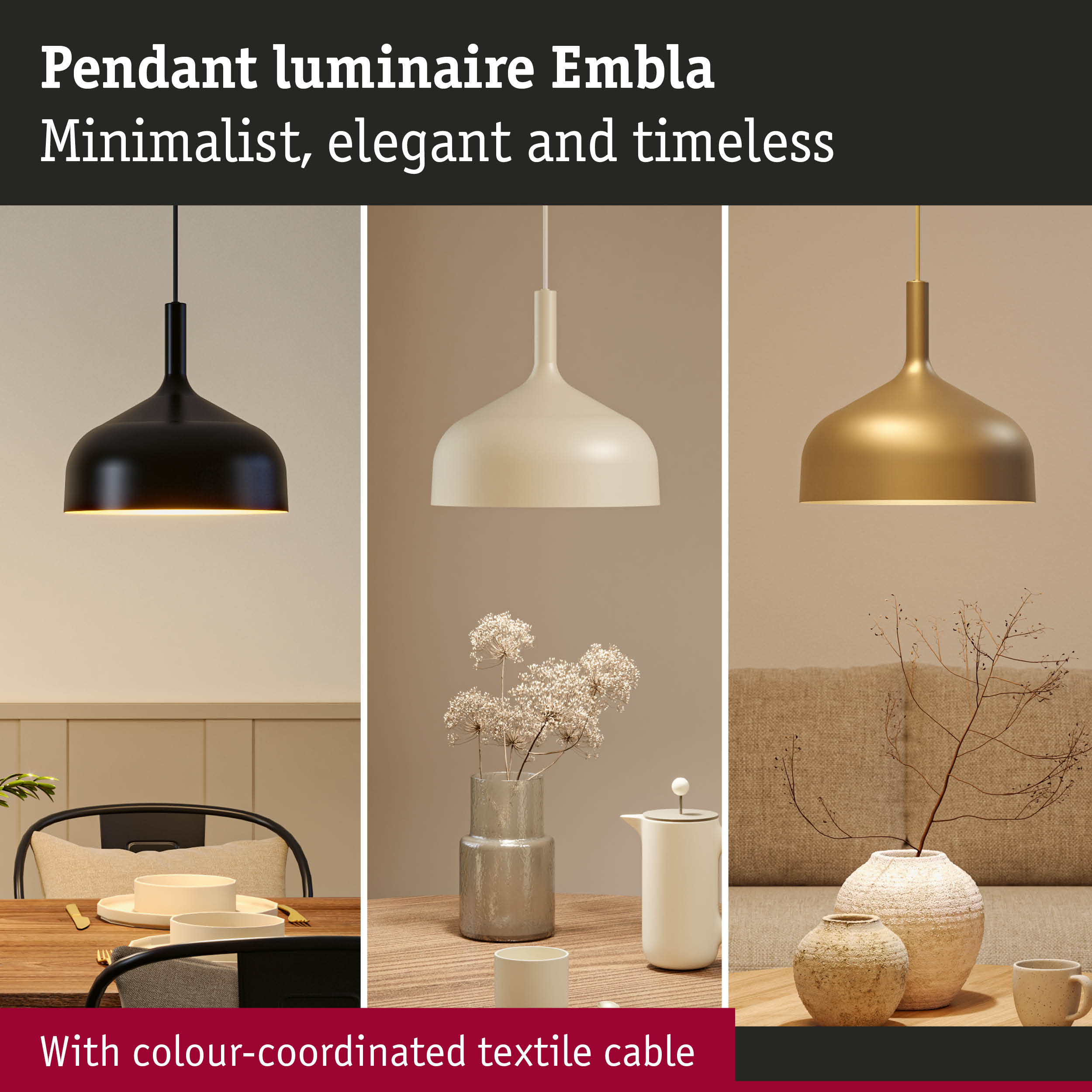 Minimalist Embla pendant lights in black, white and gold with colour-coordinated textile cable