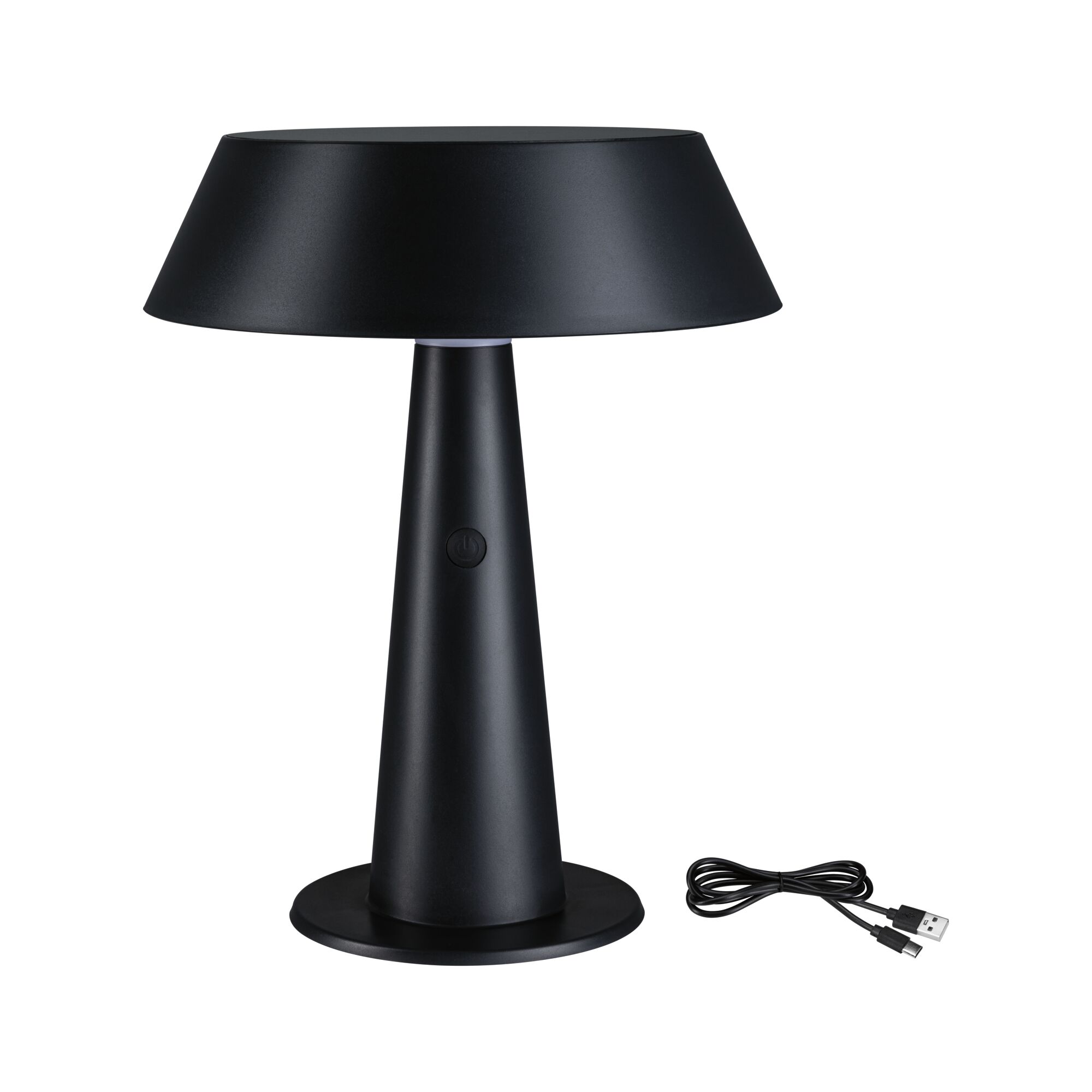 Black metal LED table lamp with USB charging cable, modern minimalist desk light for home or office