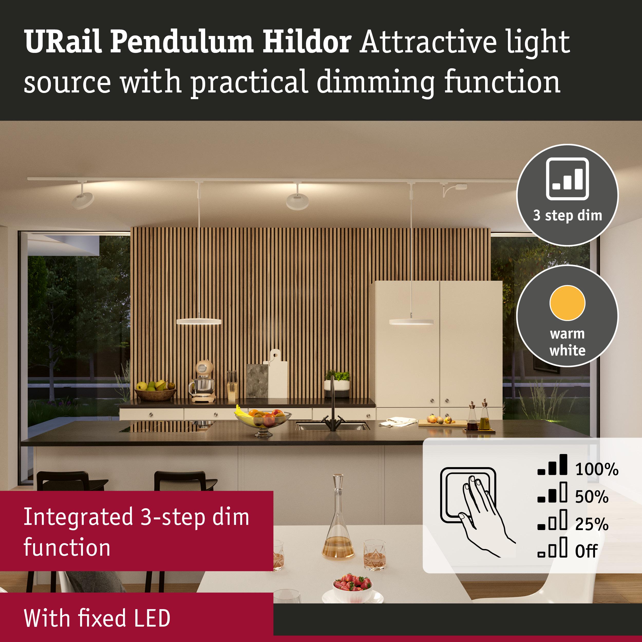 URail Pendulum Hildor white pendant light with warm white fixed LED and integrated 3-step dimming