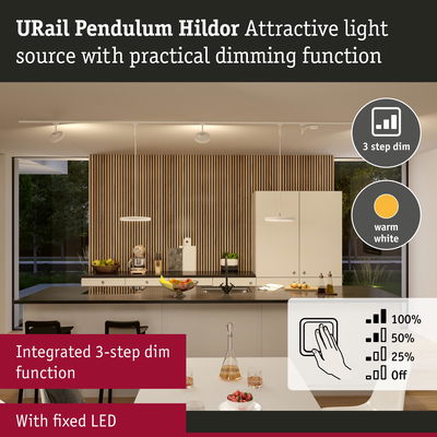 URail Pendulum Hildor white pendant light with warm white fixed LED and integrated 3-step dimming