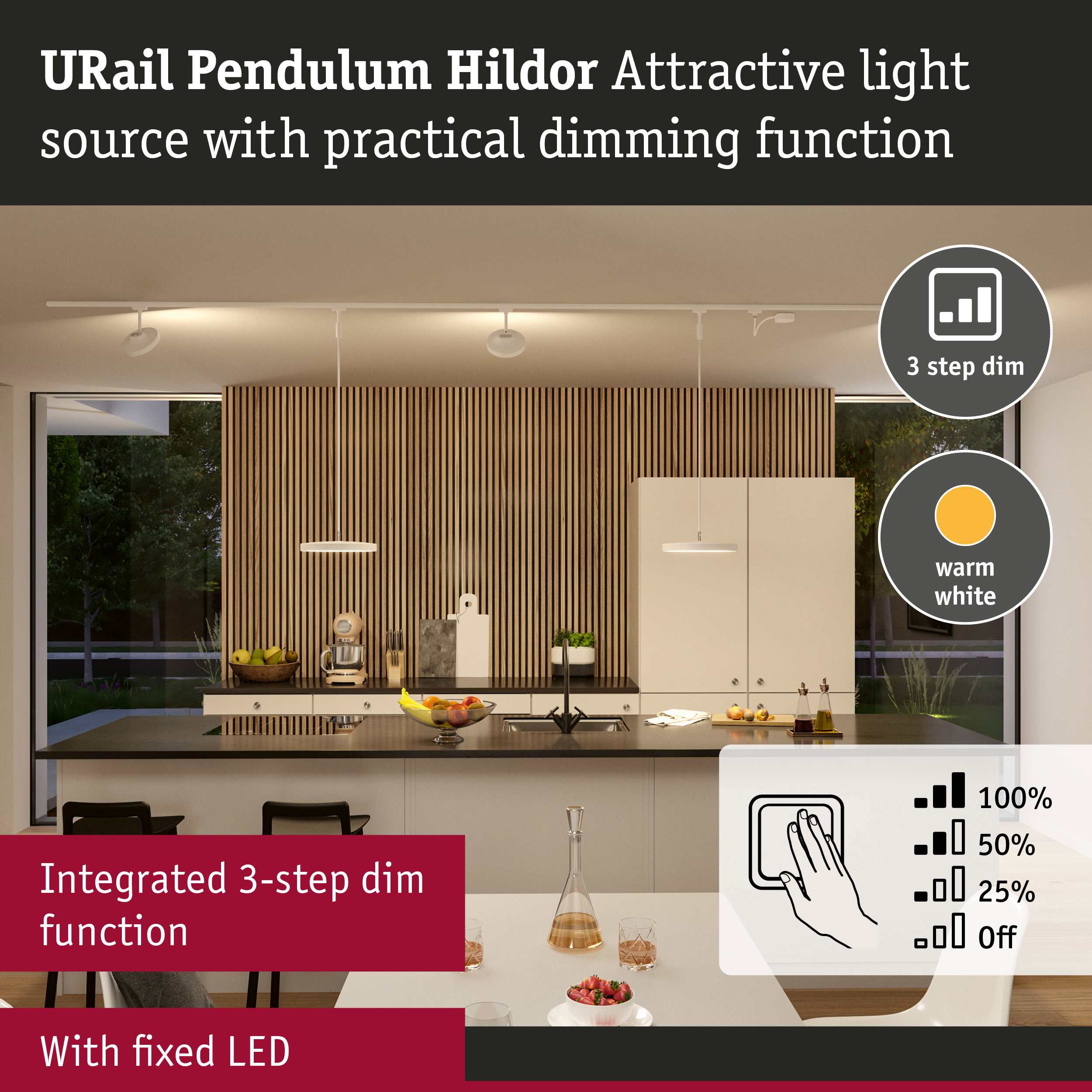 URail Pendulum Hildor white LED ceiling light with integrated 3-step dimming function for living rooms