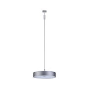 Modern grey metal pendant light with round shade and integrated LED lighting