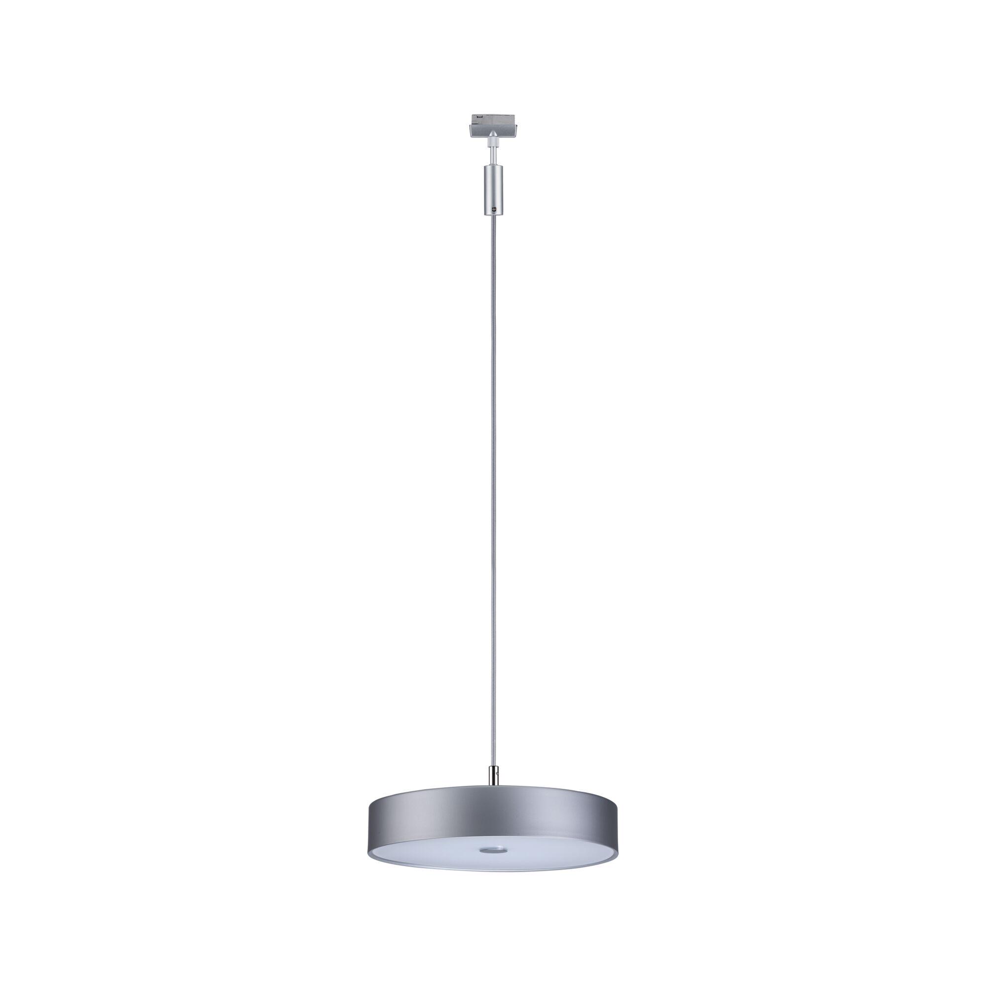 Modern grey metal pendant light with round shade and integrated LED lighting