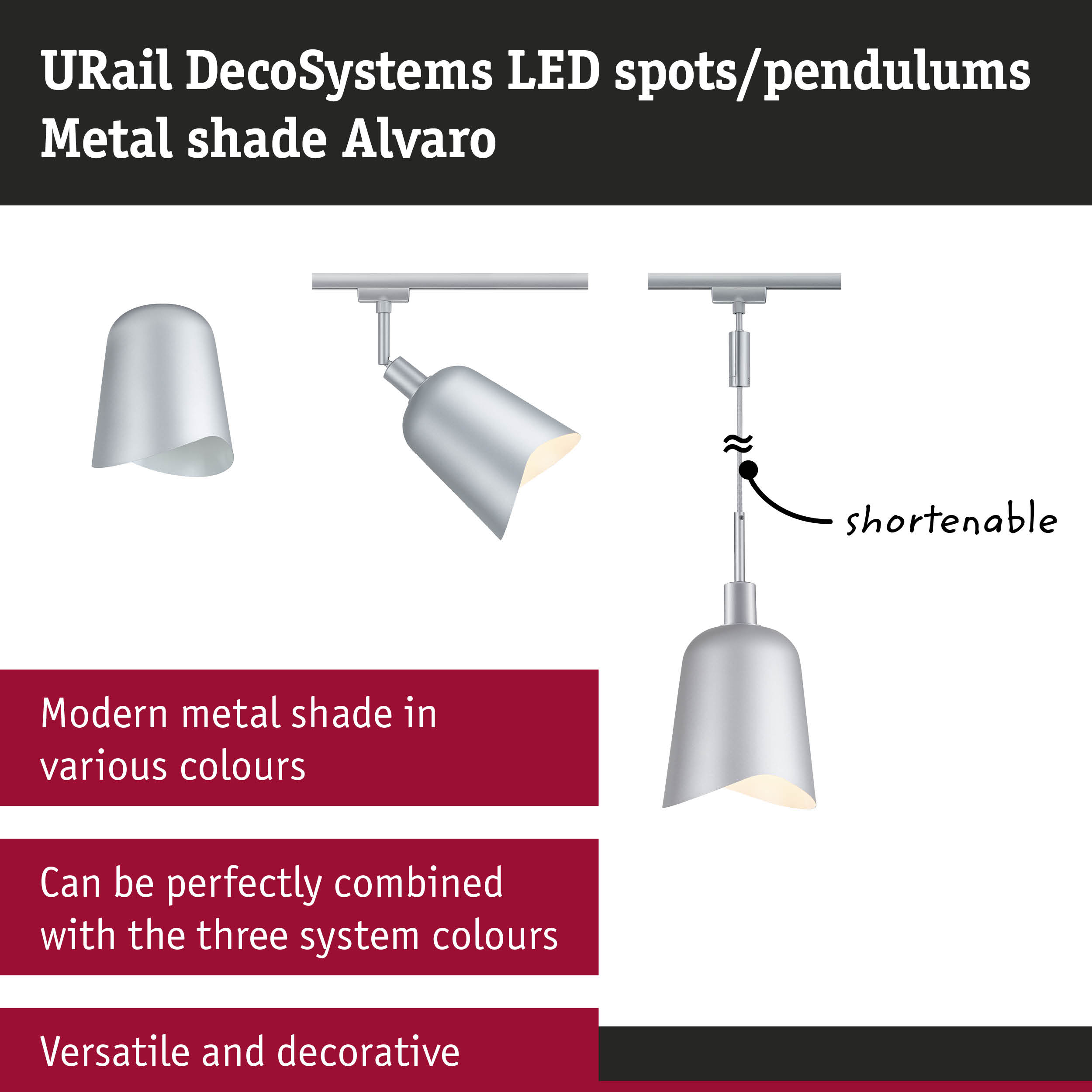 URail DecoSystems LED spot with shorten able pendant and modern silver metal shade