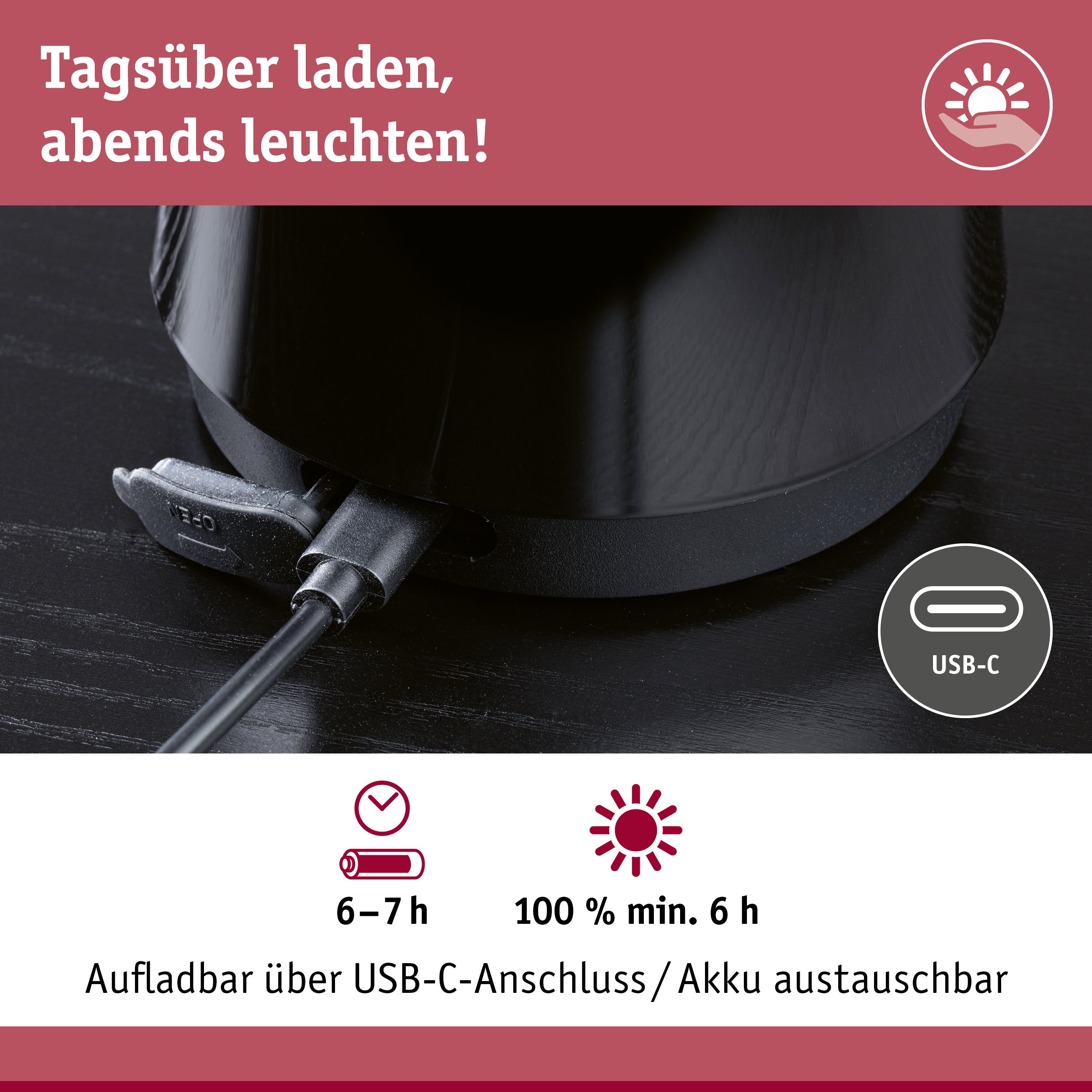 Schwarzes Ladegerät mit USB-C-Anschluss auf dunklem Untergrund, Akku 6-7 Stunden Laufzeit