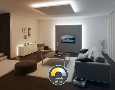 Modern living room with tunable white ceiling and wall lighting creating a cozy atmosphere with warm light
