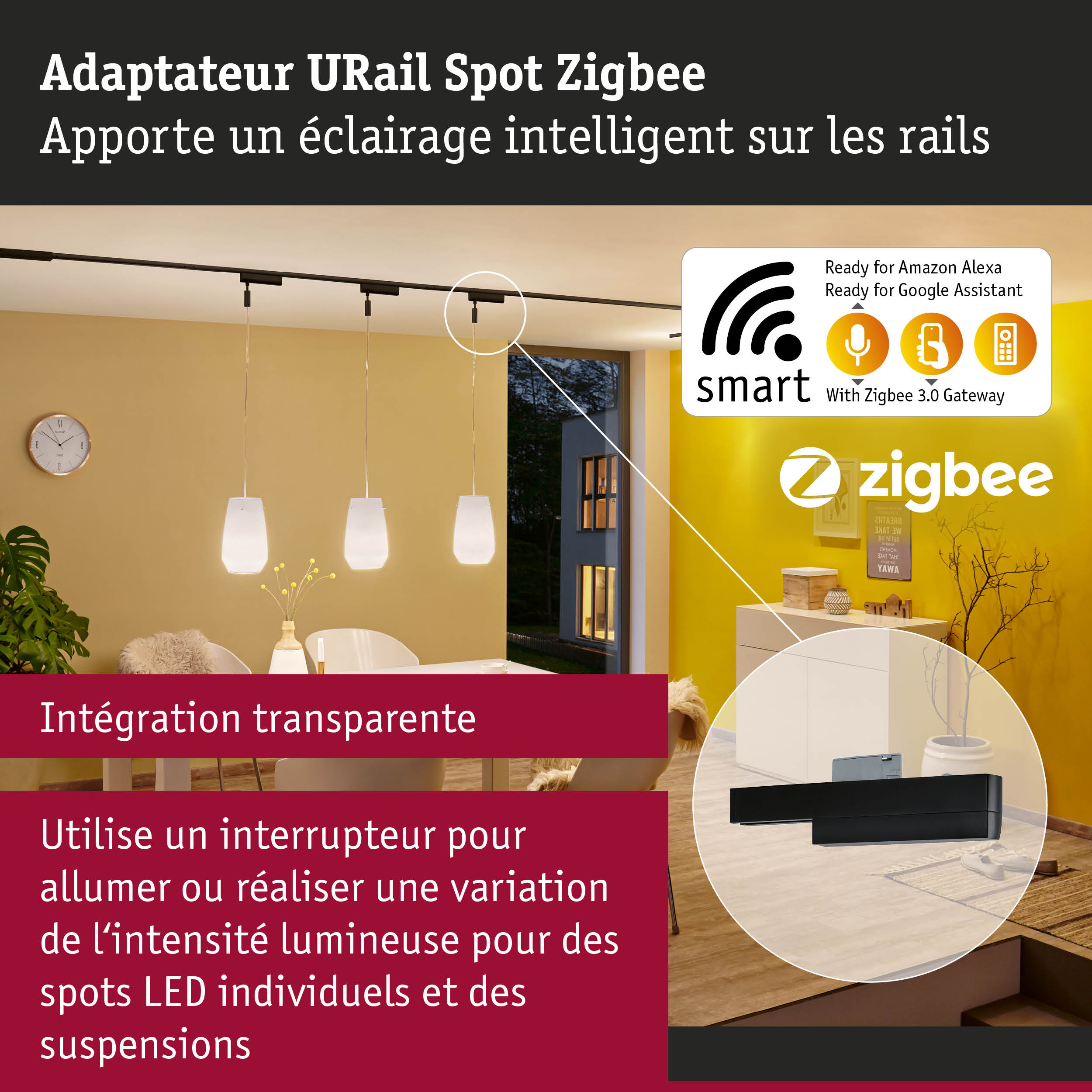 Adaptateur URail Spot Zigbee noir pour éclairage LED sur rail intelligent compatible Alexa et Google Assistant