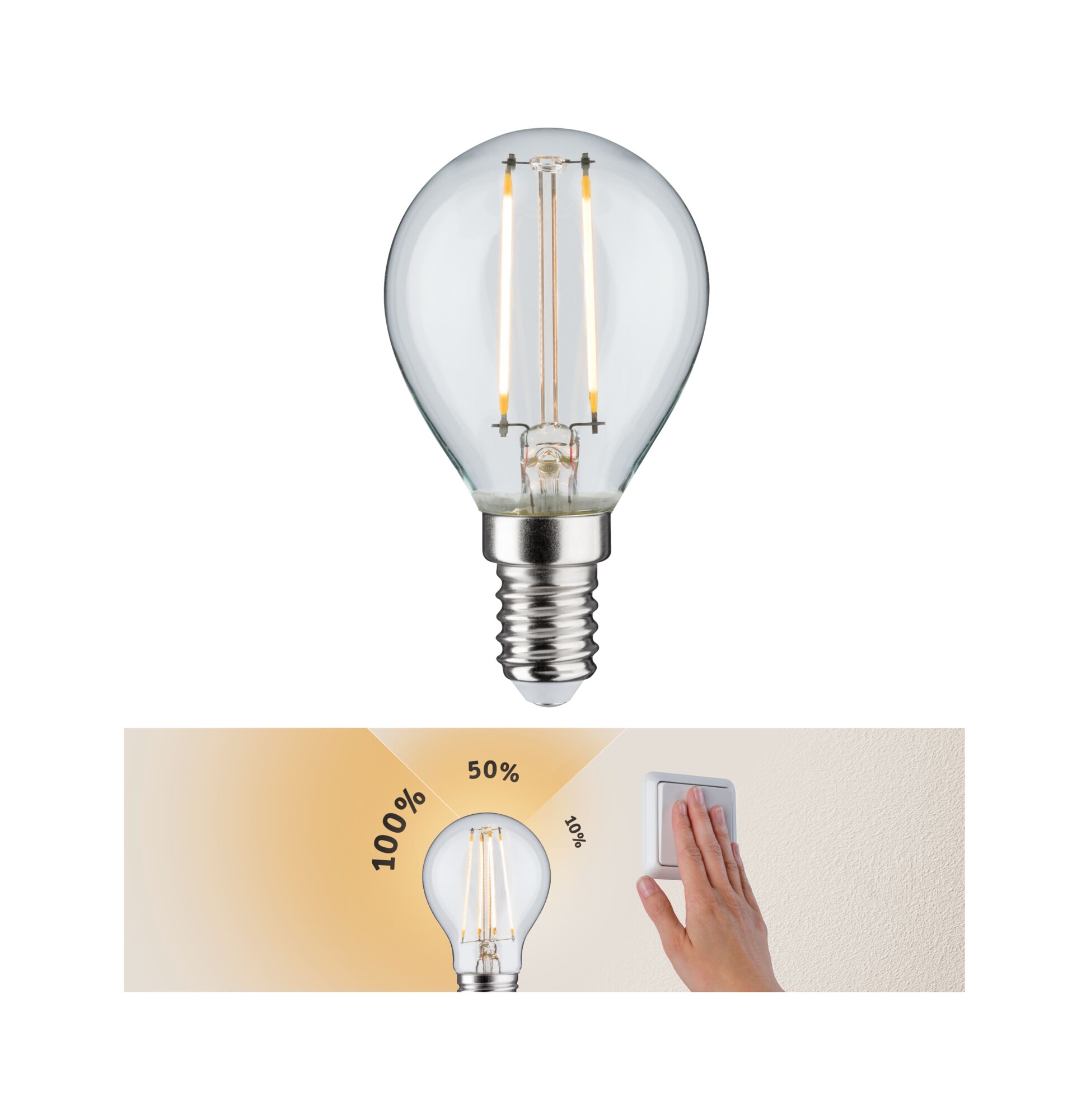 Dimmable LED bulb with E14 base offering 10 to 100 percent brightness for energy-efficient lighting