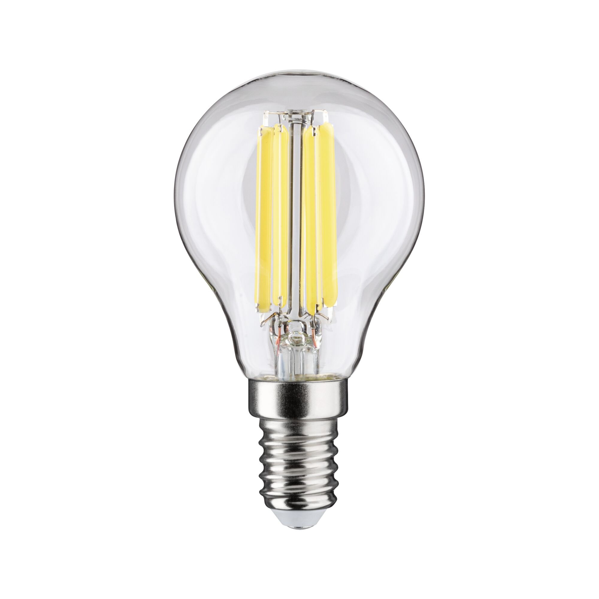 Heldere glazen LED-lamp met gele filamenten en E14-fitting, energiezuinige LED-lamp