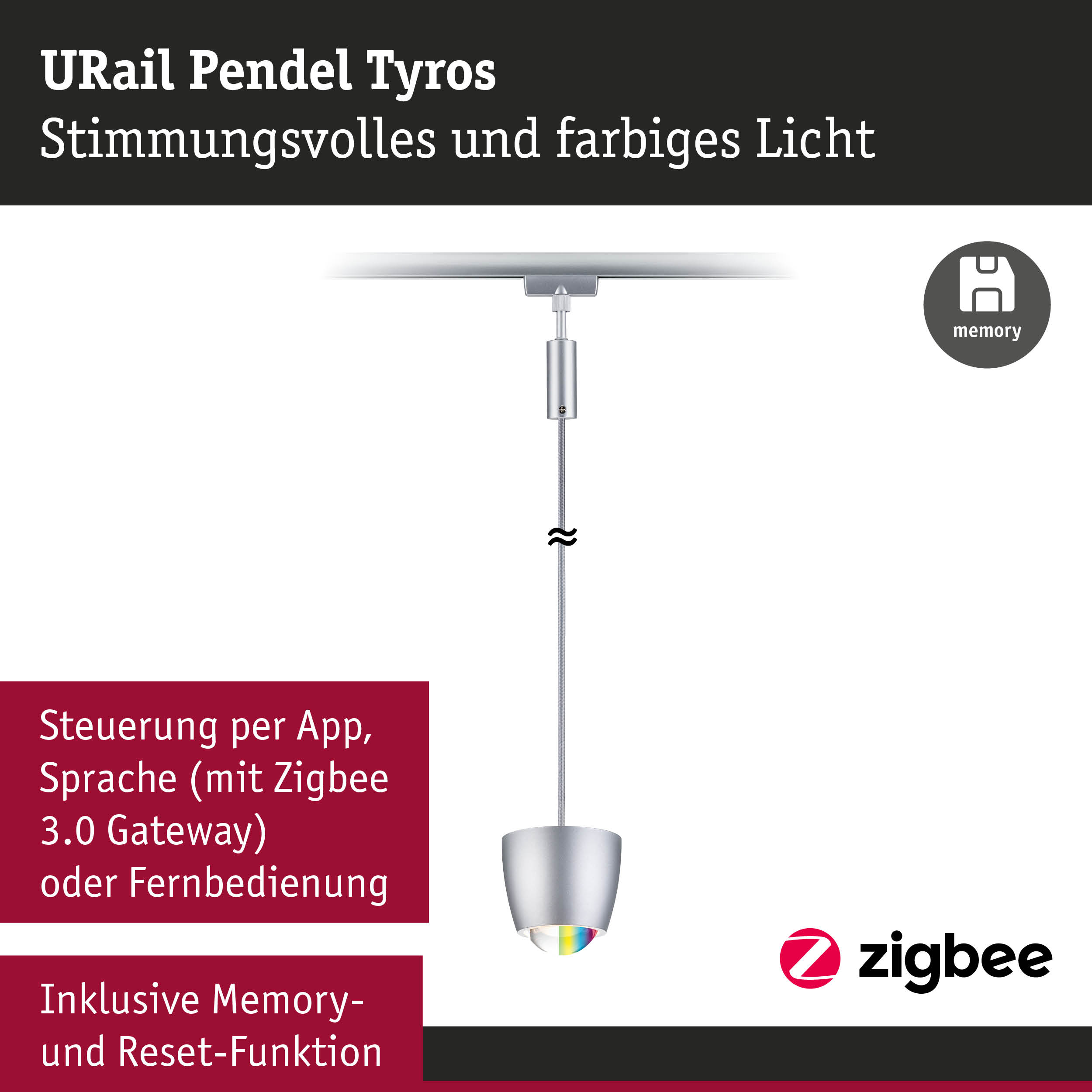 URail Pendel Tyros Pendelleuchte aus silbernem Metall mit farbigem Licht und Zigbee Steuerung