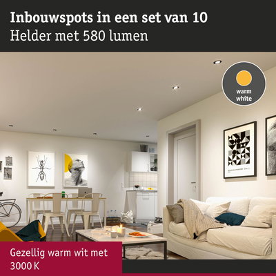 Set van 10 warm witte 3000K inbouwspots voor woonkamerverlichting met 580 lumen