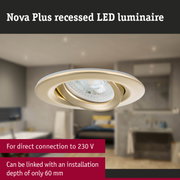 Nova Plus gold recessed LED spotlight with direct 230V connection and 60 mm installation depth