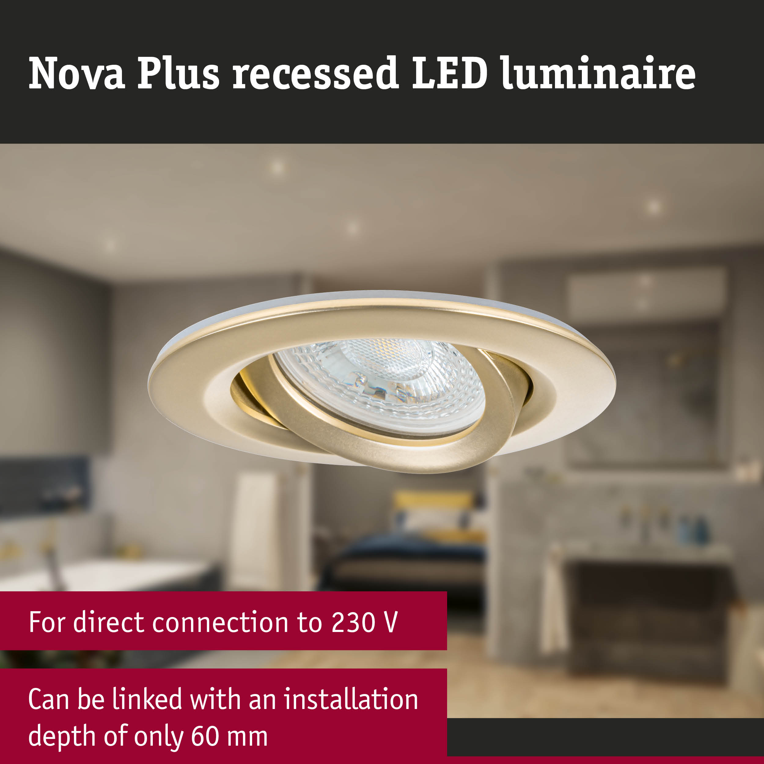 Nova Plus gold recessed LED spotlight with direct 230V connection and 60 mm installation depth