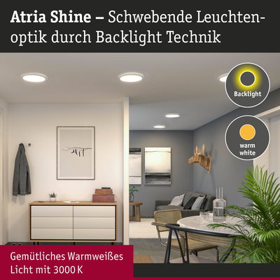 Atria Shine LED-Deckenleuchten mit schwebender Backlight-Optik und warmweißem Licht 3000K im modernen Wohnzimmer