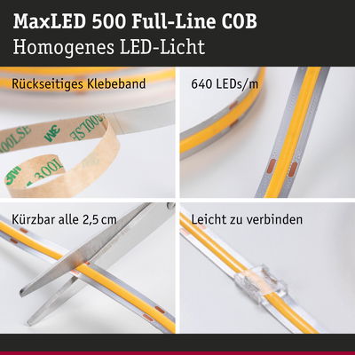 MaxLED 500 COB LED-Streifen mit rückseitigem Klebeband, 640 LEDs/m, kürzbar und leicht verbindbar
