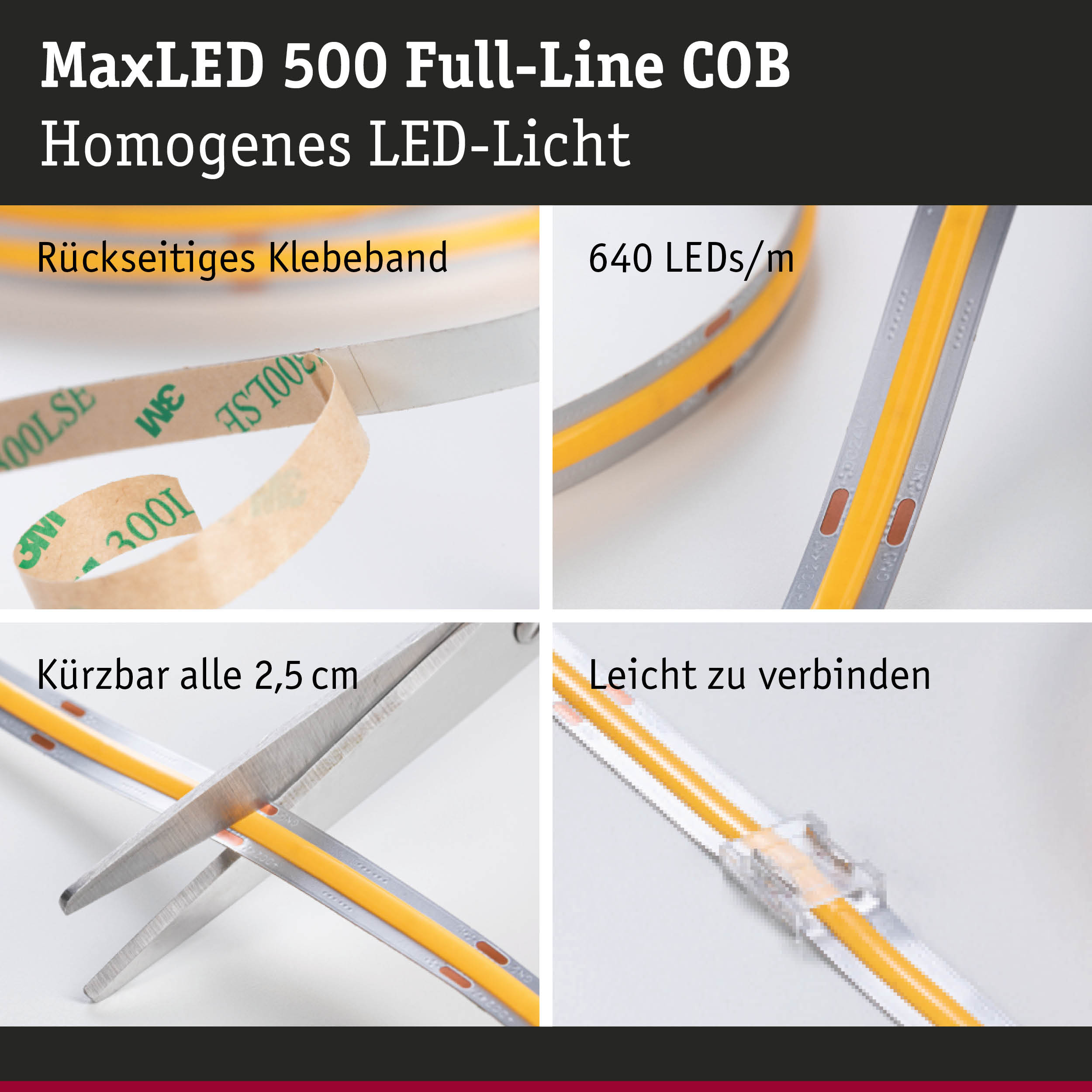 MaxLED 500 COB LED-Streifen mit rückseitigem Klebeband und 640 LEDs pro Meter, schneidbar und verbindbar