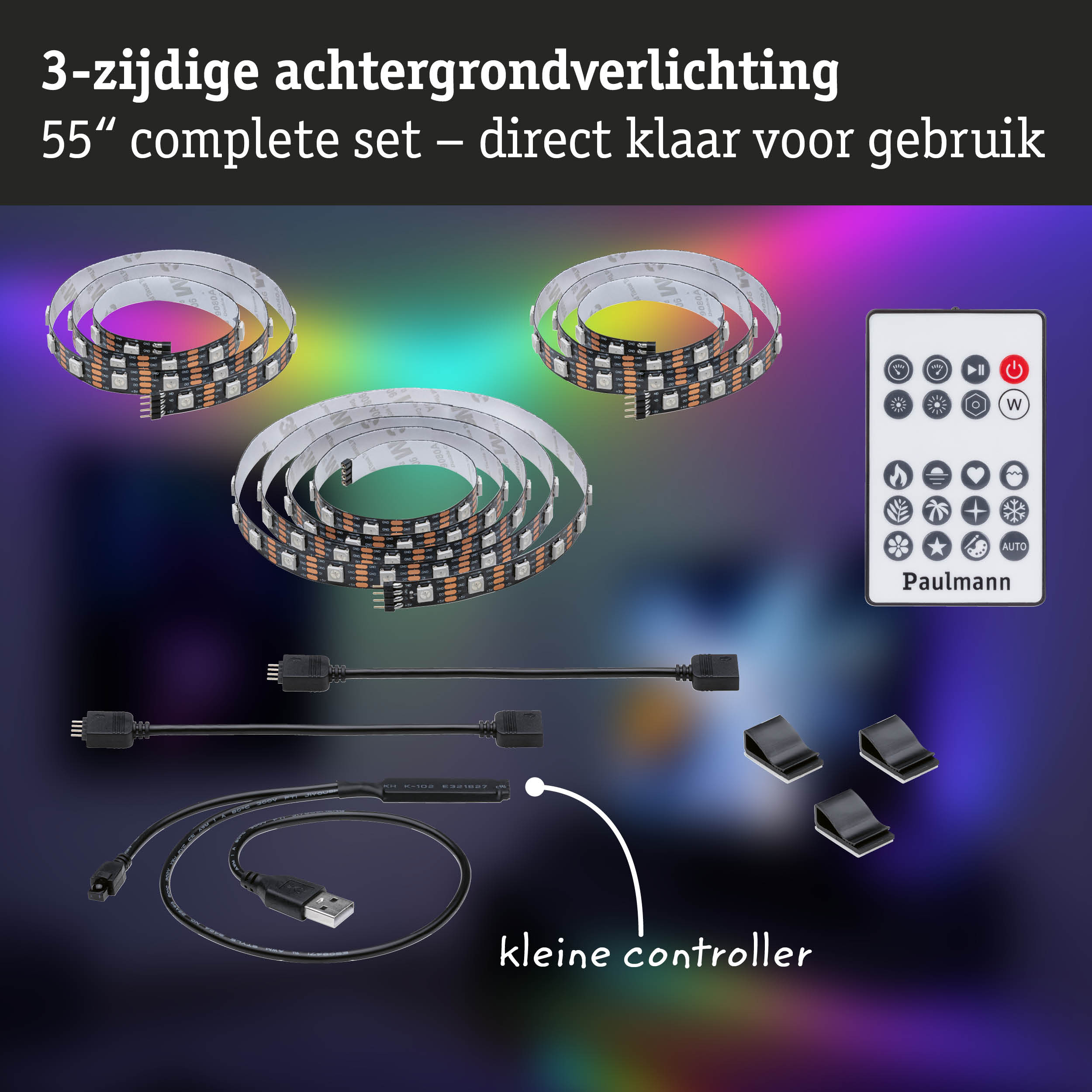 55 inch driezijdige LED-achtergrondverlichting set met afstandsbediening en USB-kabel voor tv-verlichting