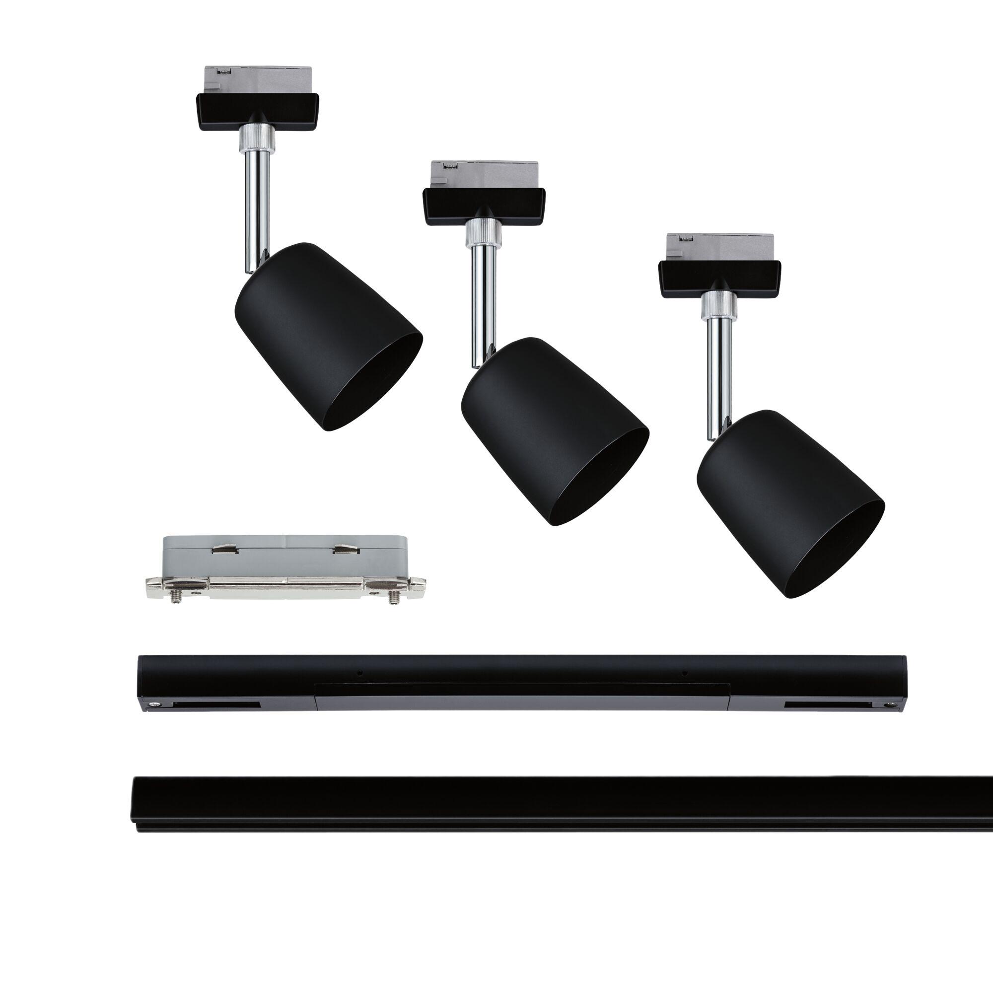 Black LED spotlights with chrome rod and adapter for track lighting systems, modern lighting solution