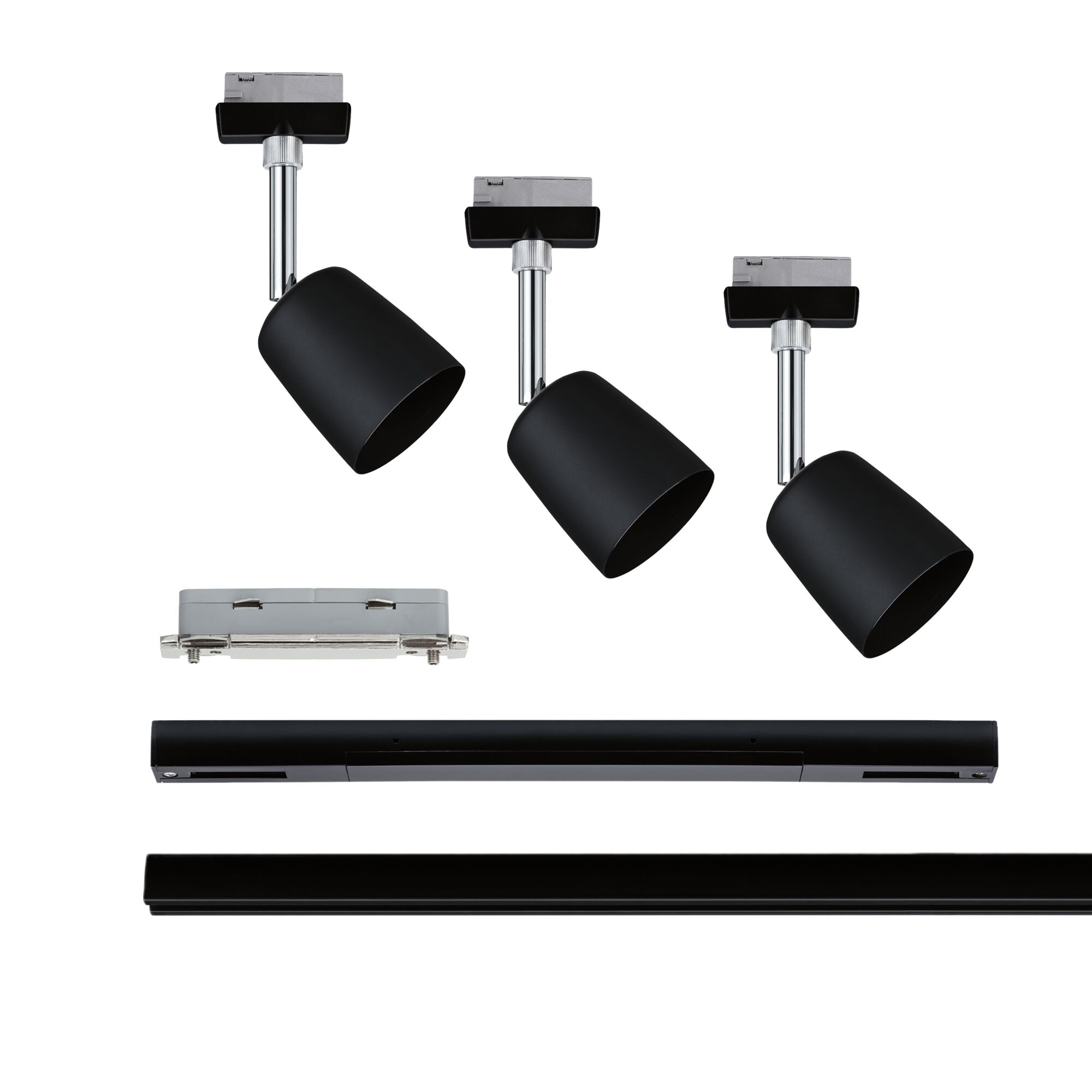 Spots LED noirs avec tige chromée et adaptateur pour systèmes de rails, éclairage moderne