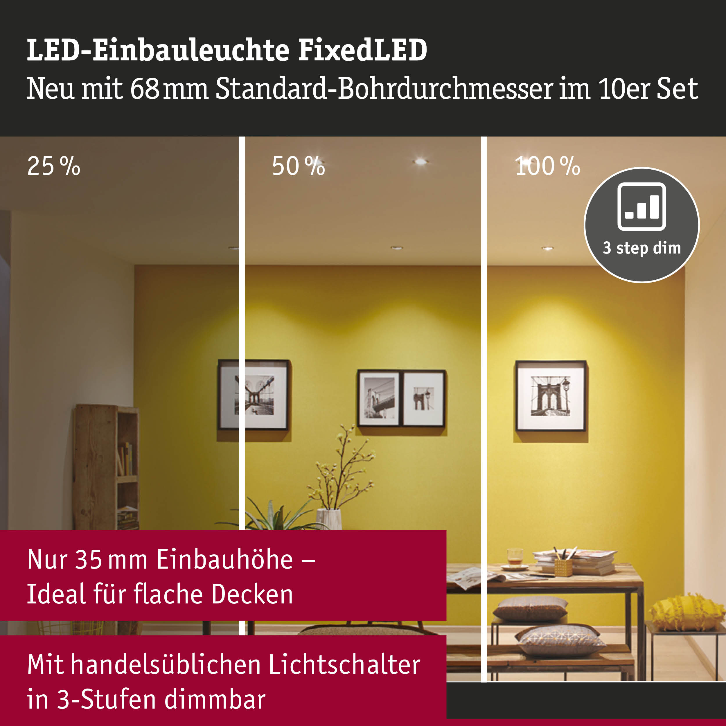 LED-Einbauleuchte FixedLED mit 68mm Bohrdurchmesser, dimmbar in 3 Stufen, ideal für flache Decken