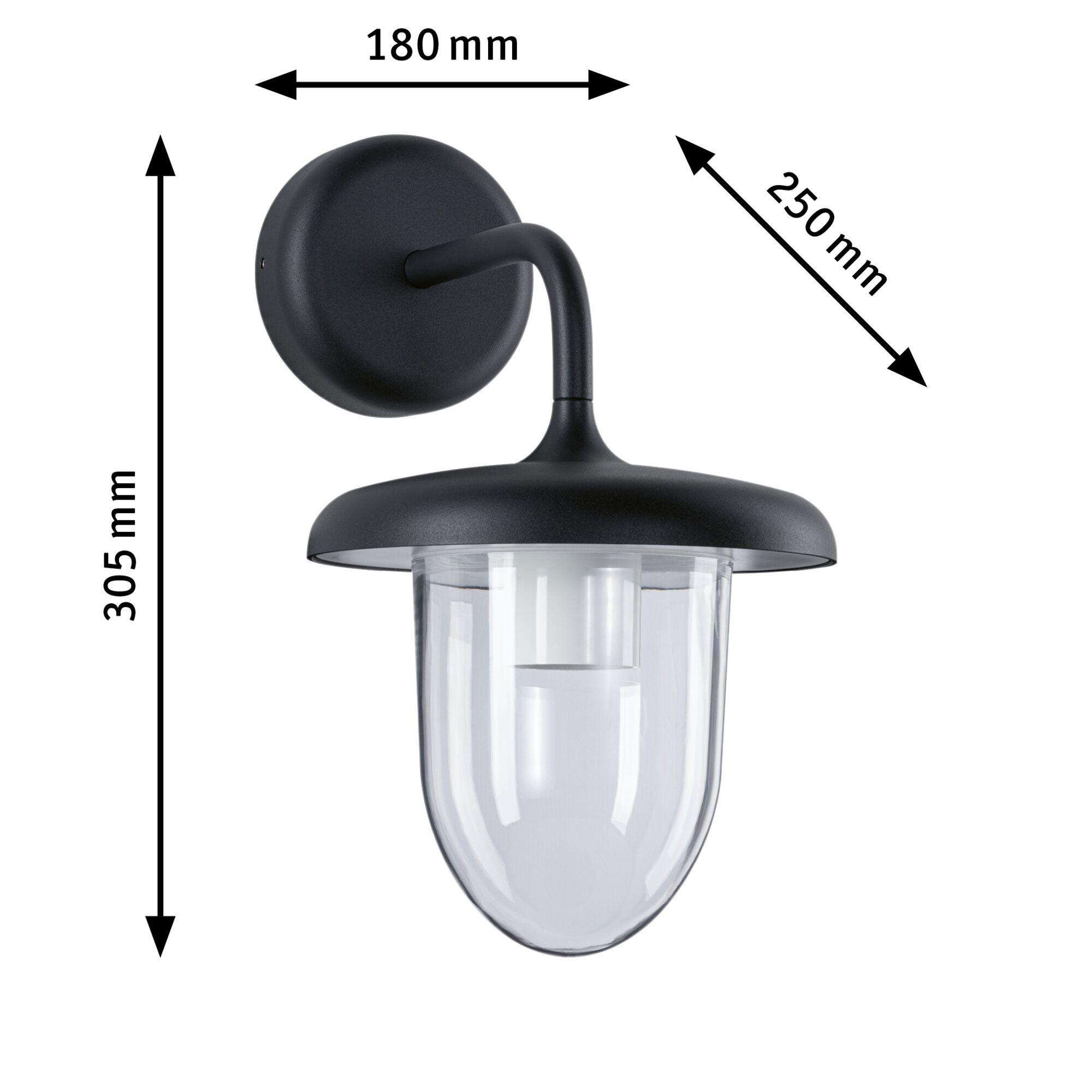 Black metal outdoor wall light with clear glass, dimensions 180x305x250 mm for garden lighting
