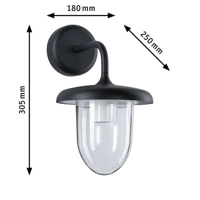 Black metal outdoor wall light with clear glass, dimensions 180x305x250 mm for garden lighting