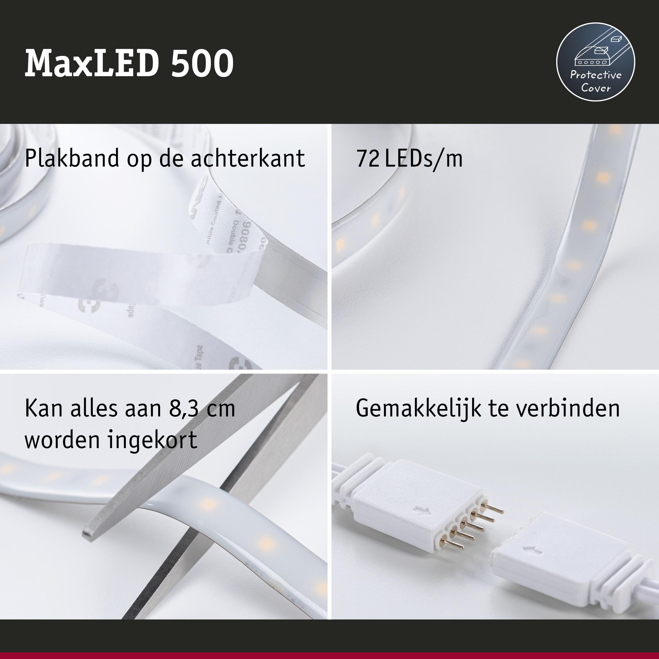 MaxLED 500 LED-strip met plakband aan achterkant, 72 LEDs per meter, op 8,3 cm in te korten, eenvoudig te verbinden