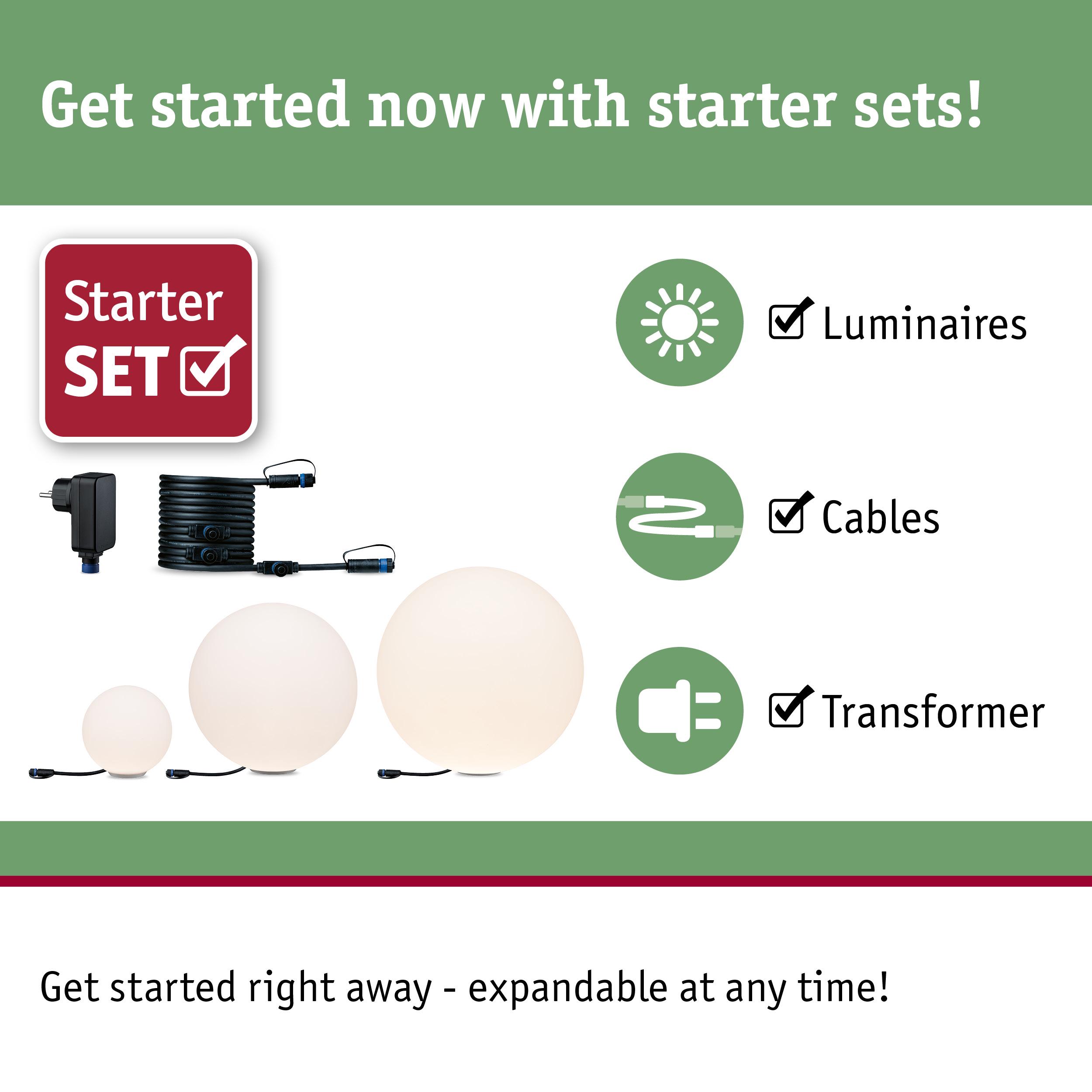 Starter set with white globe luminaires, cables, and transformer for expandable lighting solutions