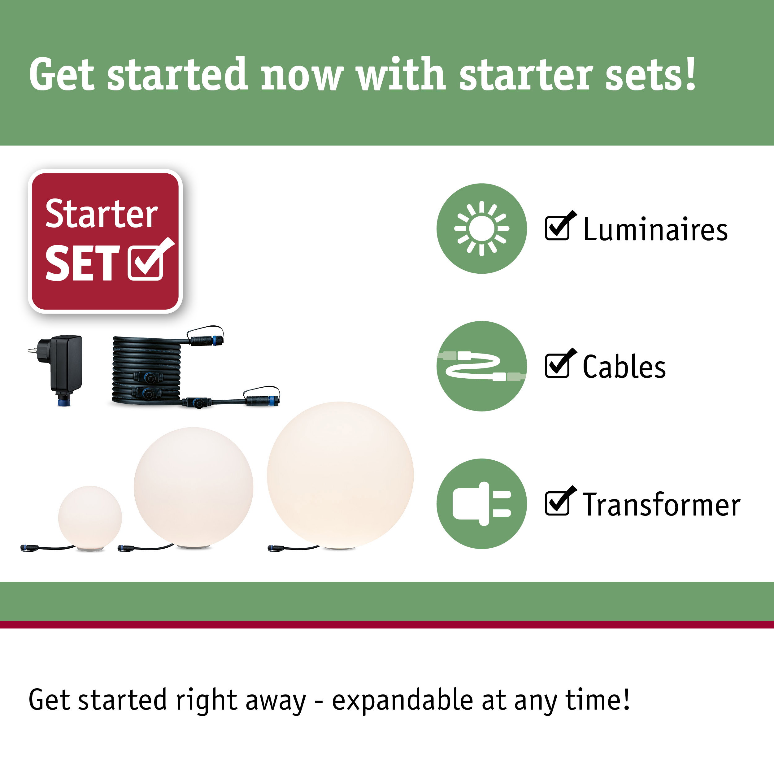 Starter set with white globe lights, cables, and transformer for easy LED lighting setup.