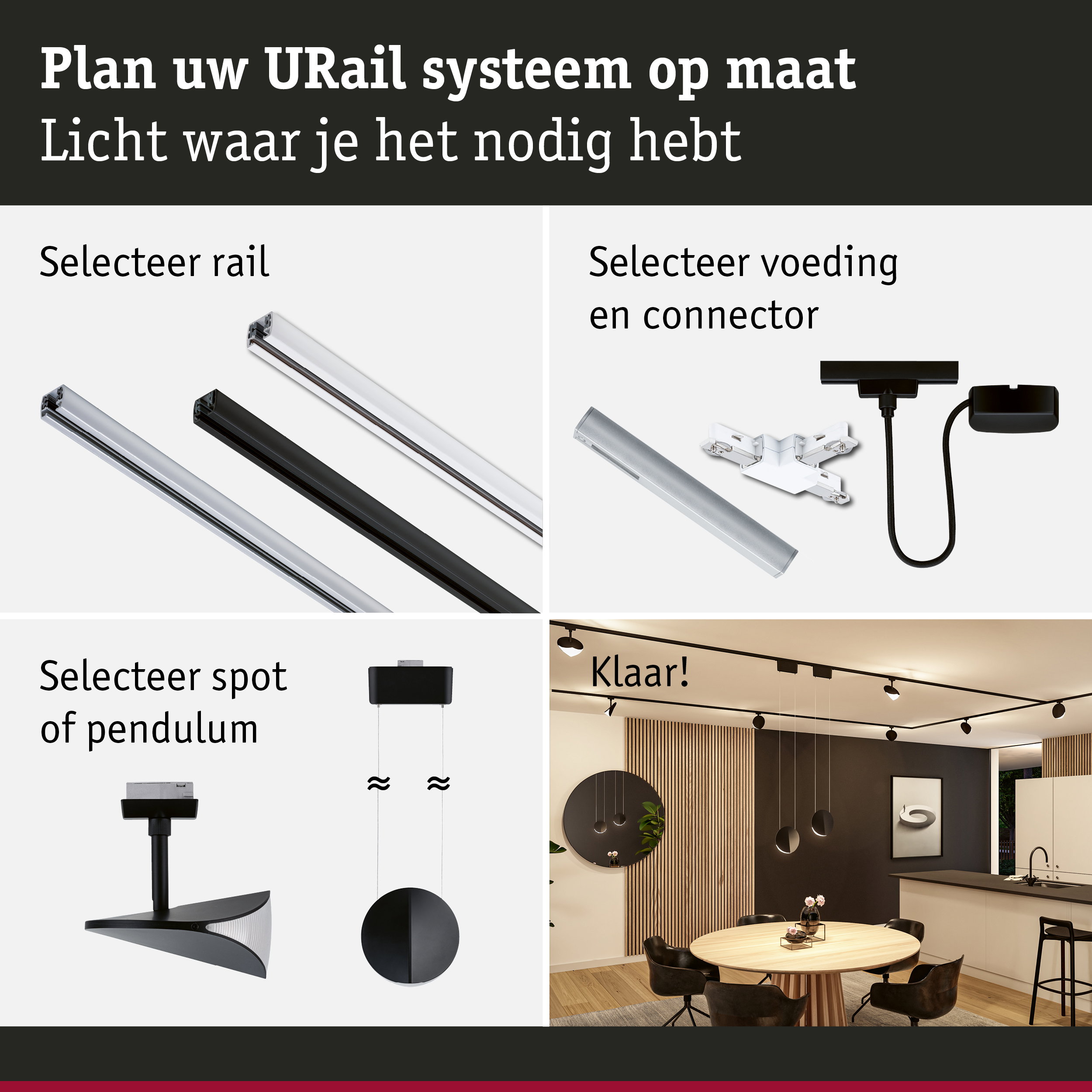 Modulair URail railsysteem met zwarte en witte rails, connectoren en spots voor flexibele verlichting