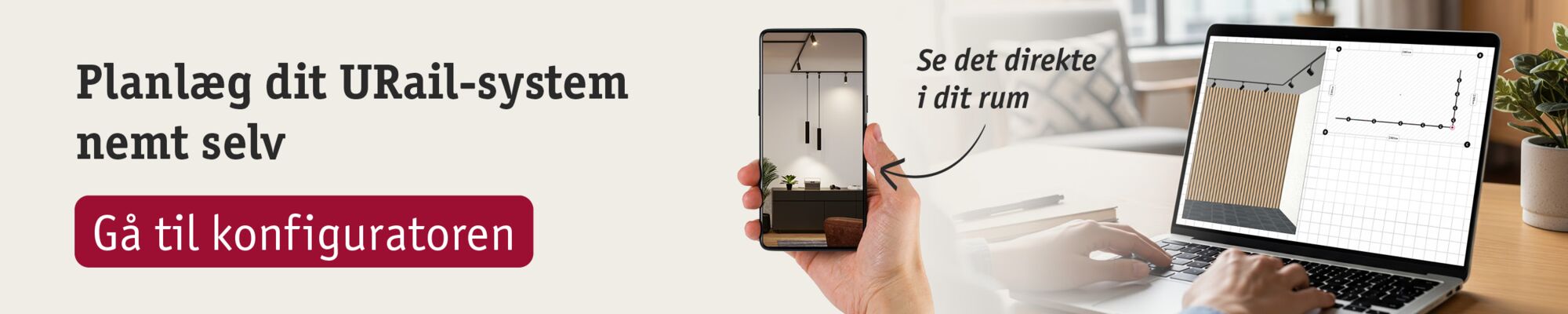 Person planlægger URail-belysningssystem med bærbar og smartphone til tilpasset lysopsætning i rum