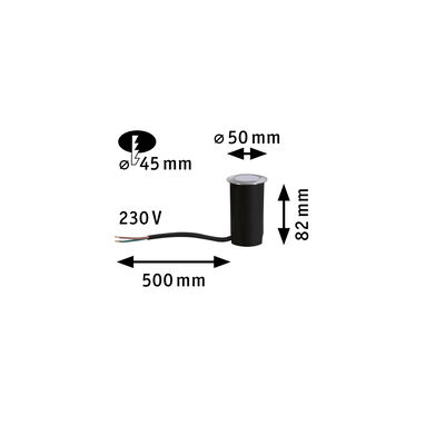 Black LED recessed light with 50 mm diameter and 500 mm cable for 230 V power supply