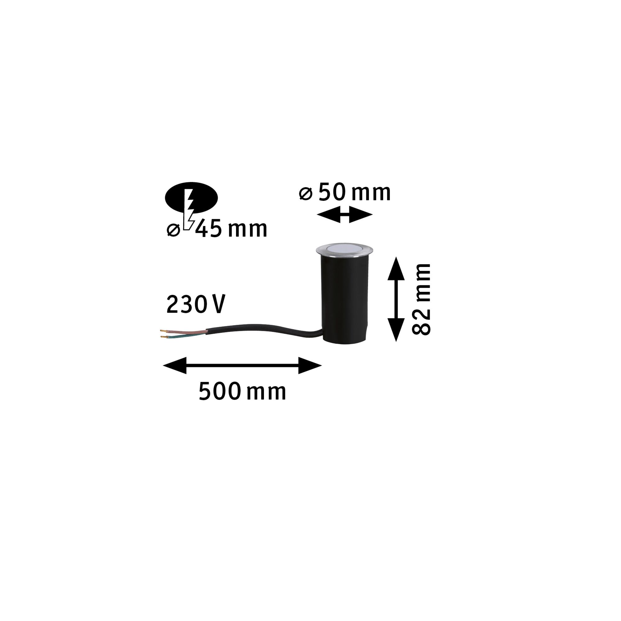 Zwarte LED inbouwspot met 50 mm diameter en 230 V stroomkabel, hoogte 82 mm