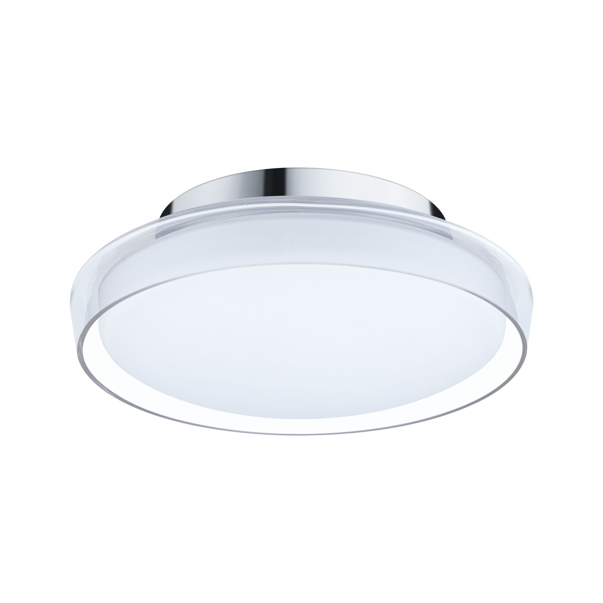 Rund loftlampe med kromramme og hvidt akrylglas til moderne belysning