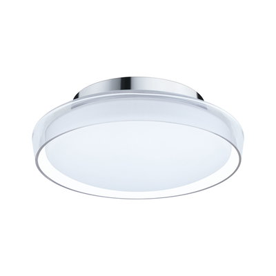Rund loftlampe med kromramme og hvidt akrylglas til moderne belysning