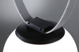 Close-up of black plastic clasp with grey fabric strap on LED lighting fixture for modern interiors