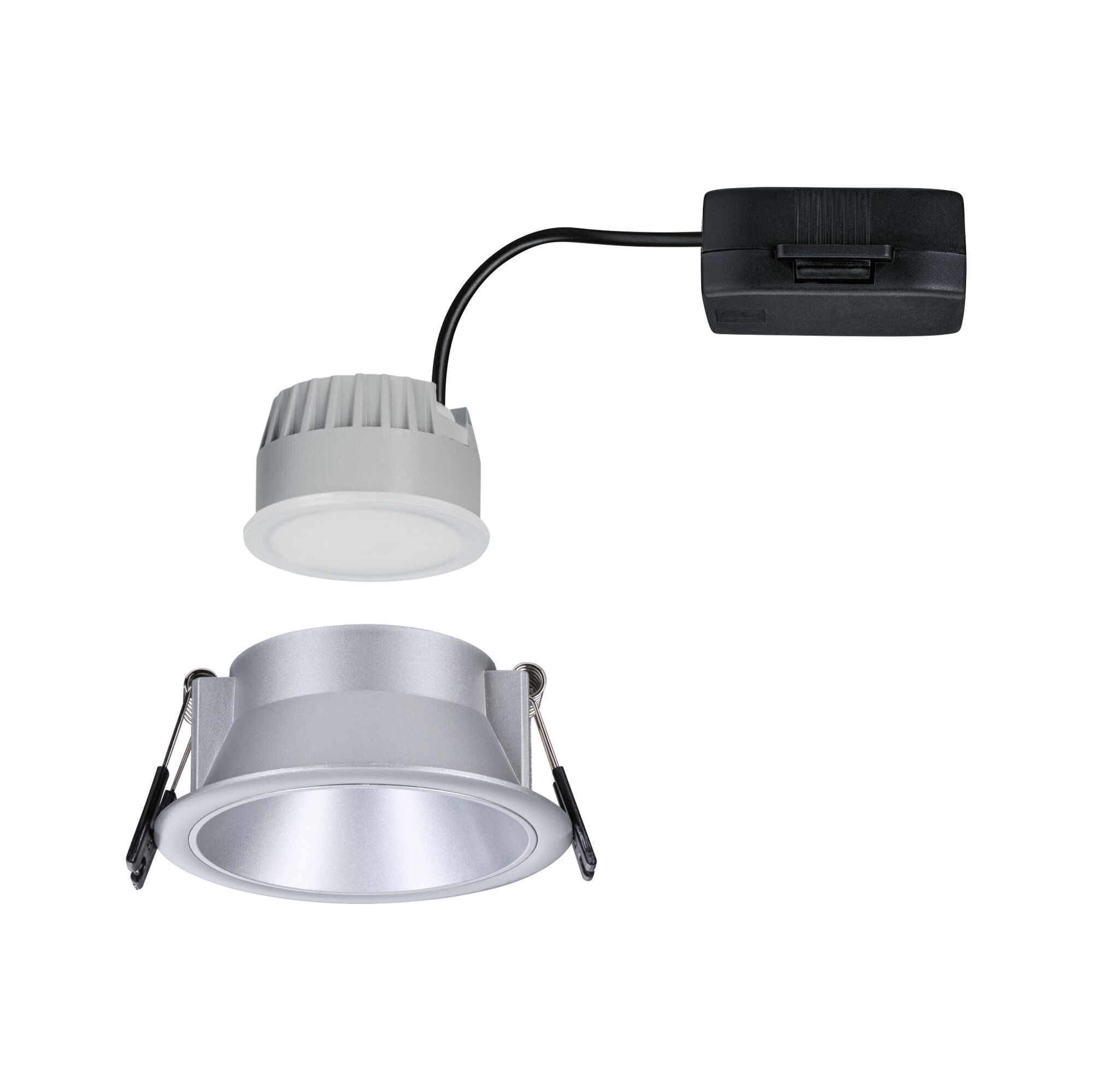 Silver aluminum LED recessed spotlight with separate driver and spring clips for ceiling installation