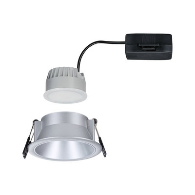Silver aluminum LED recessed spotlight with separate driver and spring clips for ceiling installation
