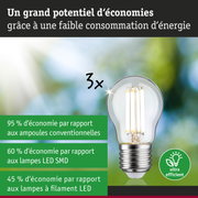 Ampoule économique à verre transparent et base argentée montrant un fort potentiel d'économie d'énergie