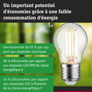 Ampoule économique à verre transparent et base argentée montrant un fort potentiel d'économie d'énergie