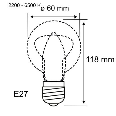 Technische tekening van een E27 LED-lamp met 60 mm diameter en 118 mm lengte, kleurtemperatuur 2200-6500 K