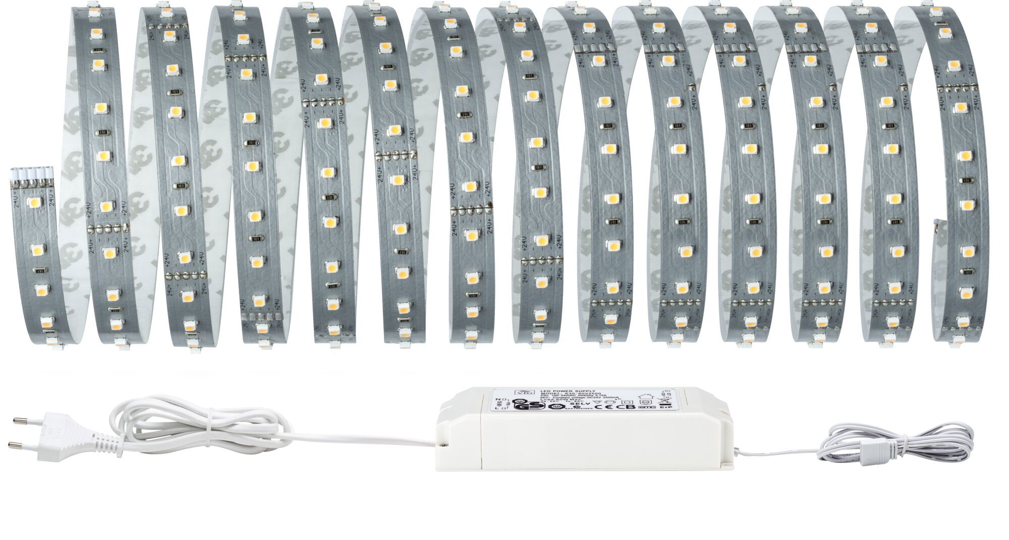 Flexible LED strip light with white power supply and warm white LEDs for versatile lighting.