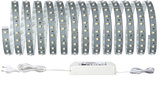 Flexible LED strip light with white power supply and warm white LEDs for versatile lighting.