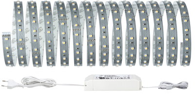 Flexible LED strip light with white power supply and warm white LEDs for versatile lighting.