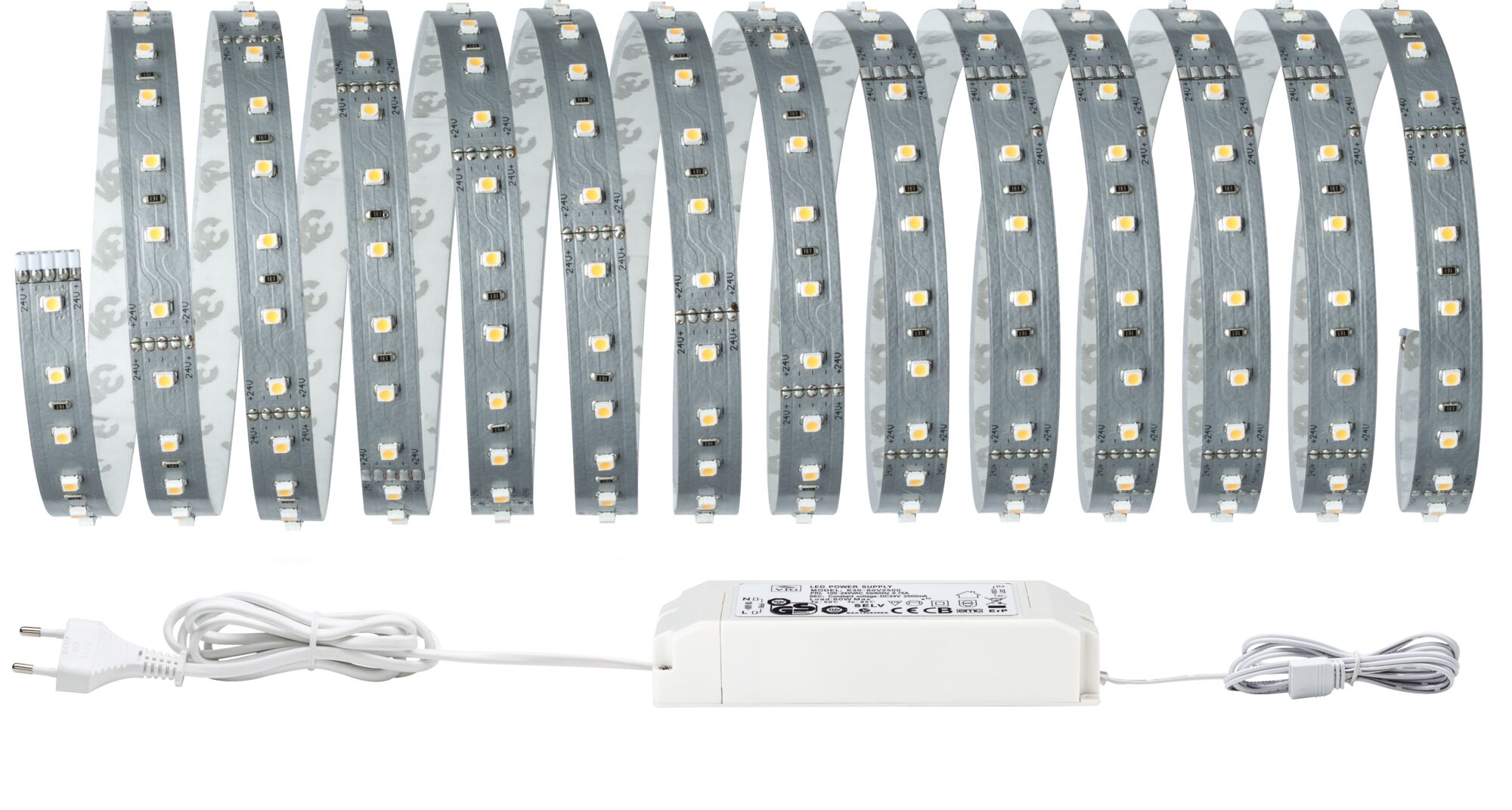 Bande LED flexible avec alimentation blanche et LED blanc chaud pour éclairage polyvalent.