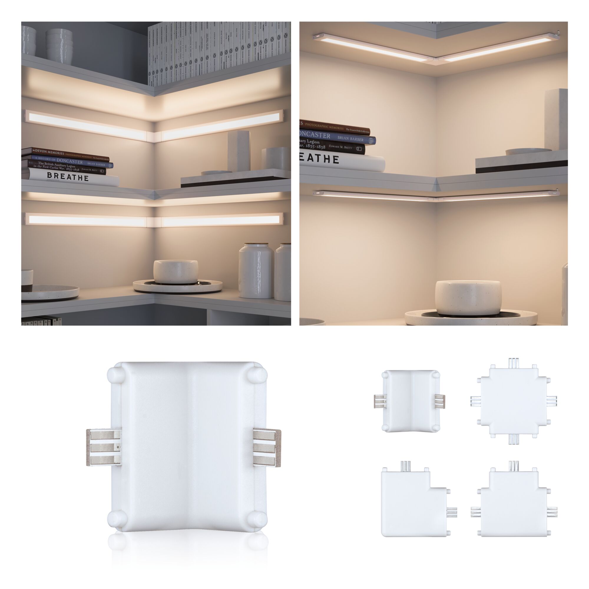 Clever Connect Connector Border Wall connector 24x38mm Matt white White plastic LED corner connectors for flexible light strips in modern living spaces.